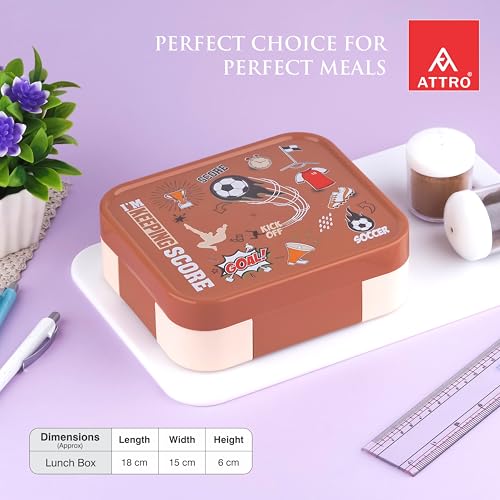 Image of ATTRO Admire Deluxe 3 Compartment Stainless Steel Lunch Box, BPA-Free Inner Steel, Lightweight & Durable, Easy Carry Tiffin for Kids,School & Travel-Soccer Print Brown-800ml