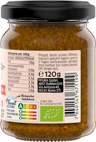 PPURA Pesto Rucola, Mandel & Tomate 120g – Veganes Bio Pesto mit Rucola & Mandeln, 100% natürlichen Zutaten, ohne Zucker & Zusatzstoffe, traditionell hergestellt – Made in Italy