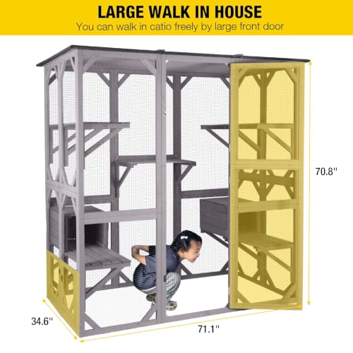 Image of Aivituvin Cat House Window Outdoor Catio Cat Enclosures with 5 Platforms, 2 Resting Boxes Large Walk in Kitty House with Weatherproof Tarp Roof, 71.1 inch L x 34.6 inch W x 70.8 inch H Grey
