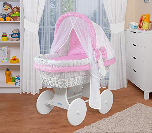 WALDIN Stubenwagen-Set mit Ausstattung,XXL,Bollerwagen,komplett,44 Modelle wählbar,Gestell/Räder weiß lackiert,Stoffe weiß/rosa Cover