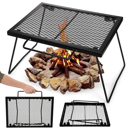 Elsjoy 17' Folding Campfire Grill Grate with Carrying Handle, Portable Camping Grill Over Fire Mesh Grate, Heavy Duty Steel Grate for Outdoor Cooking, Picnic, BBQ