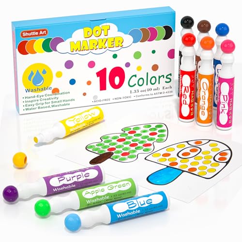 Shuttle Art 10 Couleurs Dot Marqueur à Point Lavable, Non Toxique, Dot Marker pour Enfants Education Précoce, Bingo Dabber pour Création avec 1 Livre de...