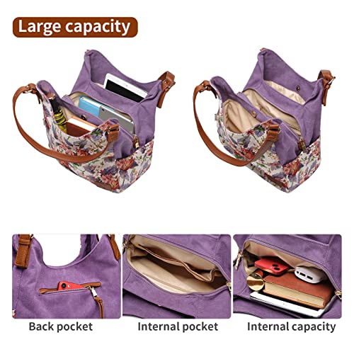 Fashion Modern Worldlyda BE006 Worldlyda Women Canvas Hobo Purse Multi Pocket Tote Shopper Shoulder Bag Casual Top Handle Handbag With Embroidery Ethnic Be06Purple Flower thumb #3