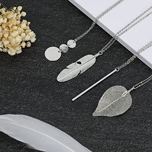 Long Necklaces for Women,4 PCS Fashion Pendant Necklace Jewelry Long Silver Necklaces Set Bar Feather Necklace Circle Leaf Lock Tassel Y Necklace Jewelry Set Statement Necklace for Women Trendy3