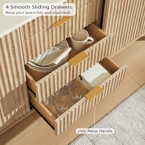 T4TREAM Fluted Buffet Cabinet, 60" Modern Sideboard with Sliding Doors & 4 Drawers, Coffee Bar Table with Storage, Faux Marble Top and Curved Profile Design for Dining Room, Living Room, Natural Oak - Image 7