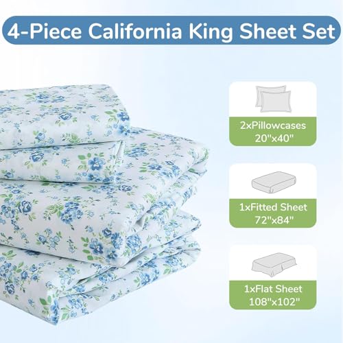 Image of MUXHOMO California King Size 4 Piece Sheet Set, Soft Breathable Bed Sheet Set for Bedroom with Deep Pocket Up to 16 inch, Wrinkle-Free & Cooling Bedding for Oeko-TEX Certified - Blossoms Light Blue