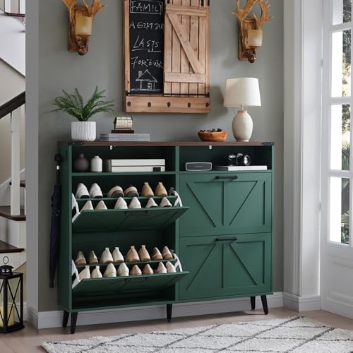 Barnyatoh Shoe Storage Cabinet,Farmhouse Shoes Organizer with 4 Flip Drawers & Barn Door Design,Freestanding Hidden Slim Narrow Shoe Rack Cabinet with Open Storage for Entryway, Foyer,Hallway,Green