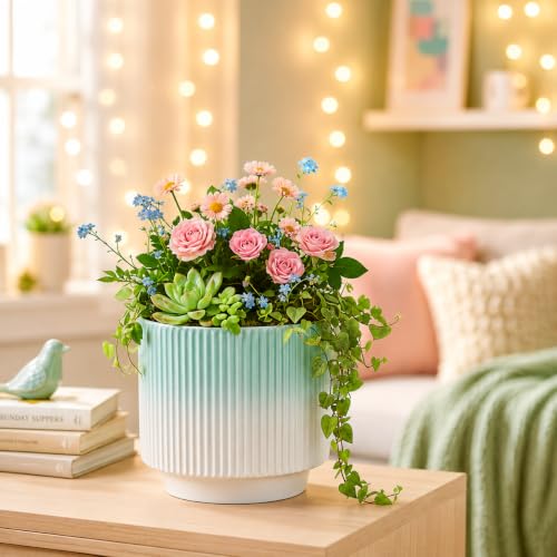 Image of Xtore Elegant Ribbed Ceramic Planter for Home & Office Decor | Modern Indoor Flower Pot with Soft Aqua-Toned Interior for Living Room, Bedroom, Desk, Shelf, Balcony & Window Styling (Shaded Green)