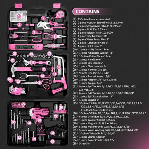 Image of KingTool 276-Piece Tool Set Kit with 12V Cordless Power Drill (Pink)