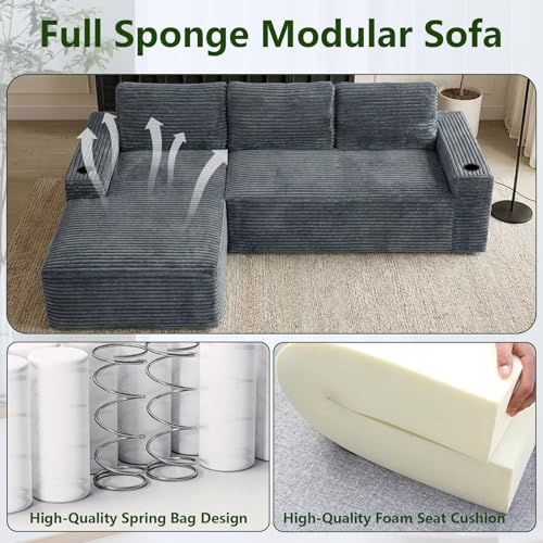 Image of 104.3 inch Modular Sectional Sofa,Modern Corduroy Cloud Couch with Cup Holder & Side Pockets,Boneless Couch Upholstered 3-Seater L-Shaped Sofa for Living Room,No Assembly (Dark Grey, Left-Facing Chaise) | with Cup Holder