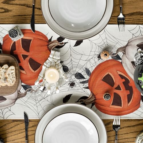 Artoid Mode Pumpkins Spider Web Leaves 2PCS Halloween Table Runner Seasonal Fall Kitchen Dining Table Decoration Home Party Decor 13×72 Inch
