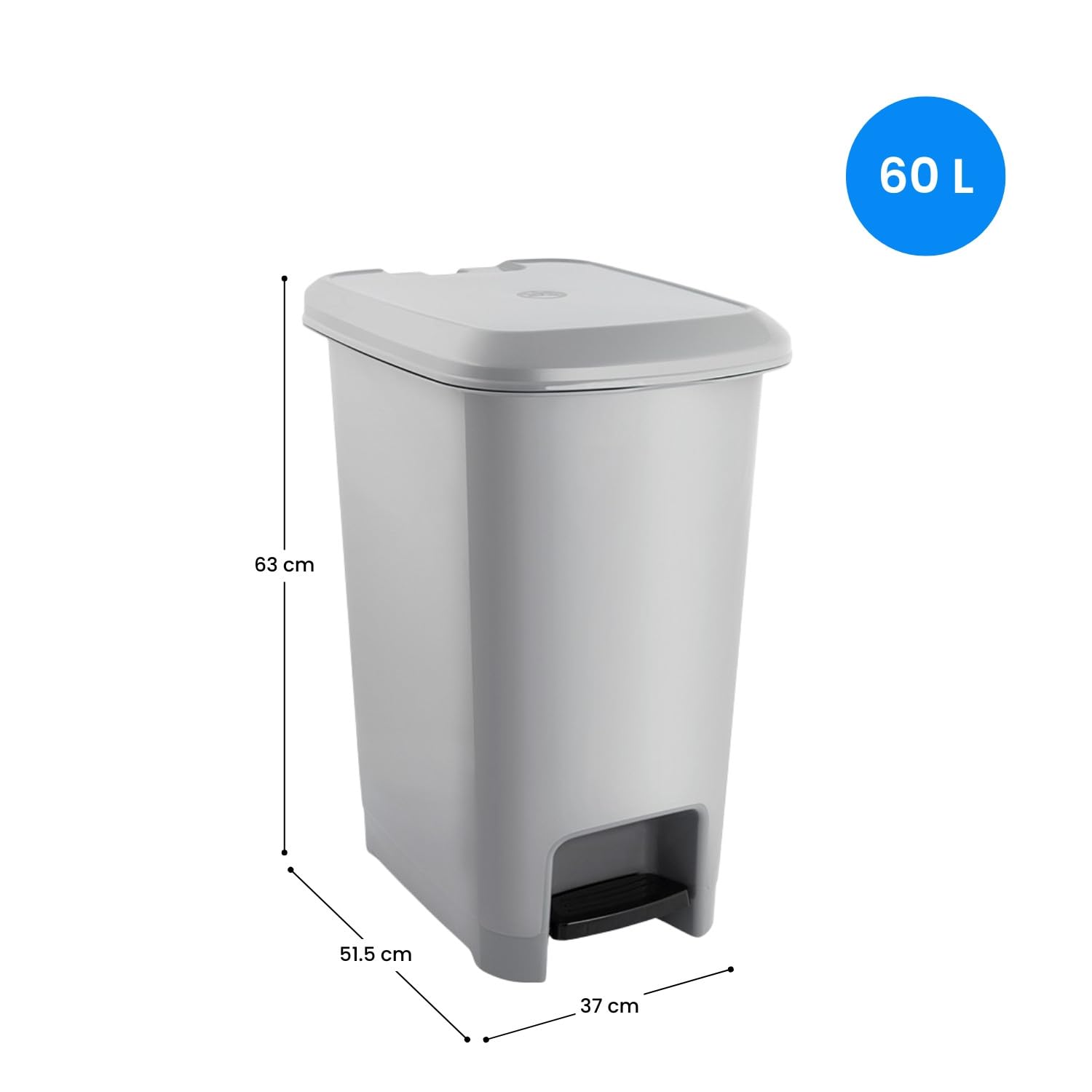 7house - Cubo de Basura Rectangular con Tapa y Pedal 60l, Polipropileno PP, Uso Doméstico, Hogar, Cocina, 60 litros Capacidad, Tapa Abatible, Higiénico, Desmontable, 51.5x37x63cm, Color Gris