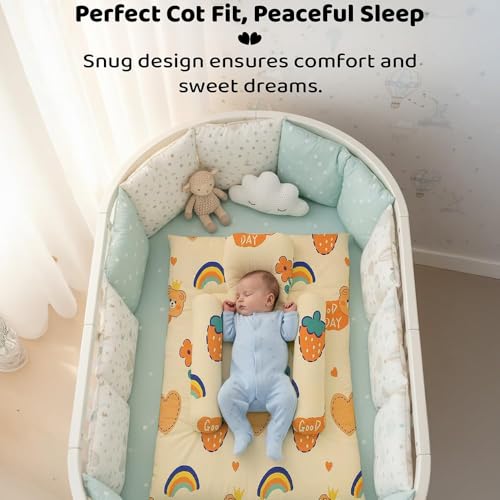 Image of StarAndDaisy Newborn Baby Nest 100% Cotton Cushioned Mattress Sheet with 2 Side Bolster Pillows & 1 Head Pillow Breathable & Soft Boys & Girl Design Rainbow Print