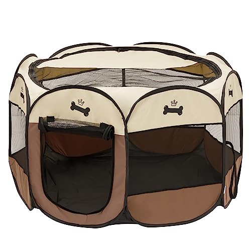 Baroni Home Recinto Pieghevole per Cani e Gatti da Interno e Esterno, Cuccia Salva spazio Trasportabile con Maniglia e Porta Apribile Confortevole con Borsa, Marrone, L, 96x60x45 cm