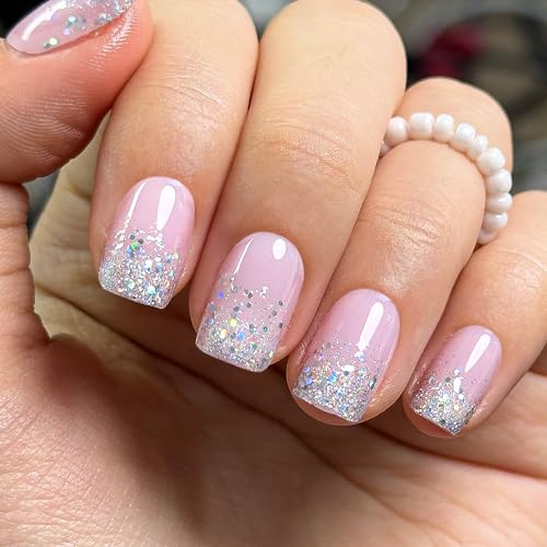 Image of Curvlife 30pcs Short Press On Nails, Shining Stick on Fake Nails Design Glossy Acrylic Nails Tips Glue on Nails For Women False Nail Kit With Nail Glue