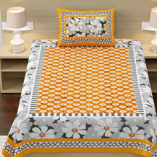 Image of RajasthaniKart Pure 100% Cotton Single Bed Sheet with 1 Pillow Cover (Bedsheet for Single Bed Cotton, Yellow Floral)