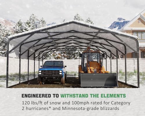 Image of Military-Grade Metal Carport 20x26 FT, Heavy- Duty Galvanized Steel Roof | 2x2 inch Steel Poles with Powder Coating, 15-Gauge Walls,120 PSF Snow Load Roof, Hurricane Resistant, Pickup, Truck, Black