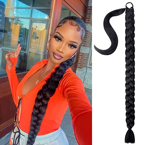 Braided Ponytail Extension Mebeli Braid Extensions Long Braided Ponytail Extension for Women With Hair Tie Straight Wrap with Braid Synthetic Hair Pieces 34 Inch 1B.
