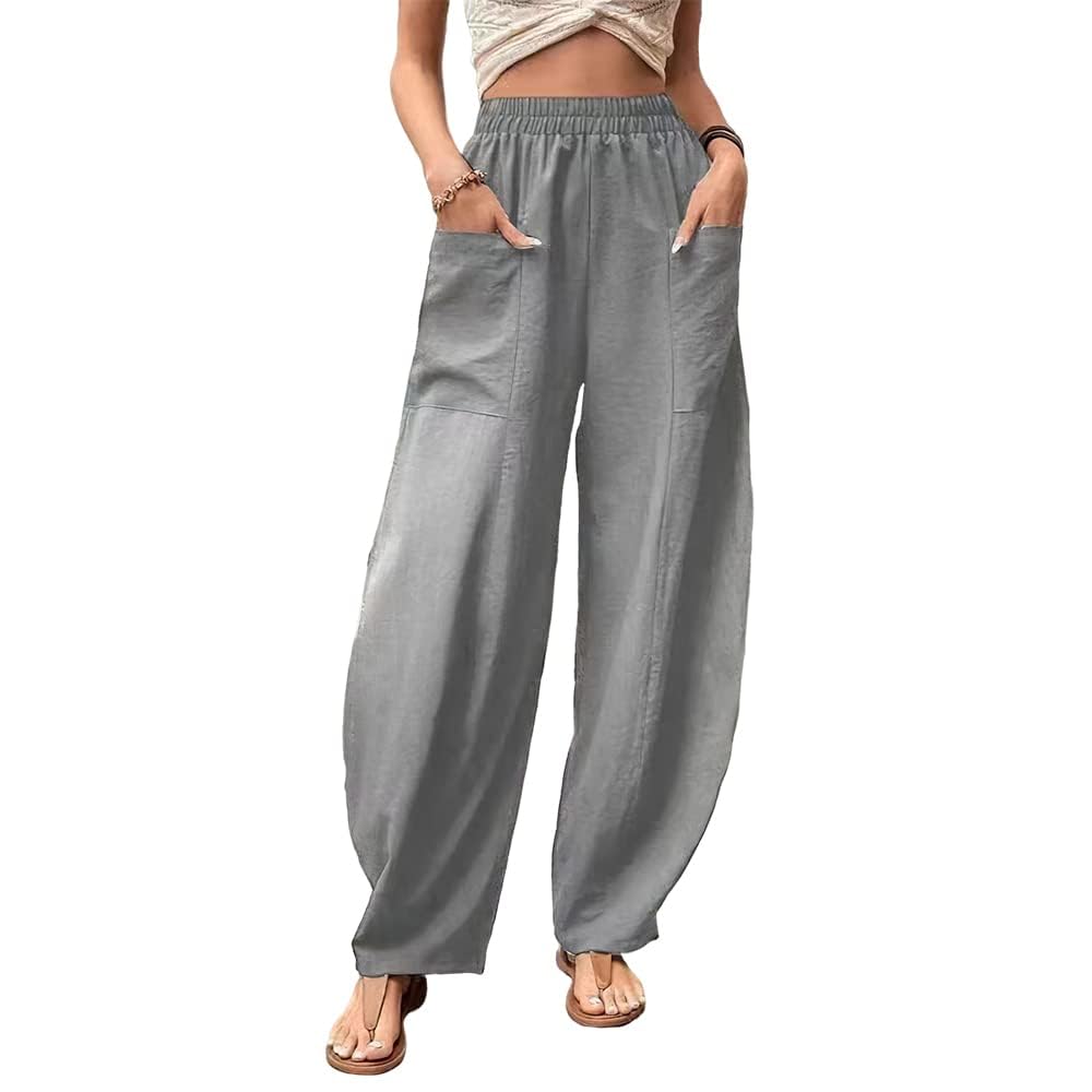 Womens Casual Cotton Linen Baggy Pants with Elastic Waist Relax Fit Solid Color Lantern Wide Leg Trouser