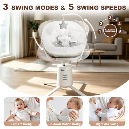 Image of Zoicay Baby Swing,Baby Swings for Infants with 3 Modes & 5 Speeds, BT Enabled App & Remote Control, Electric Swing - 6 Melodies and 3 Timer Setting, 2 Seat Positions and 5-Point Harness Swing (White)