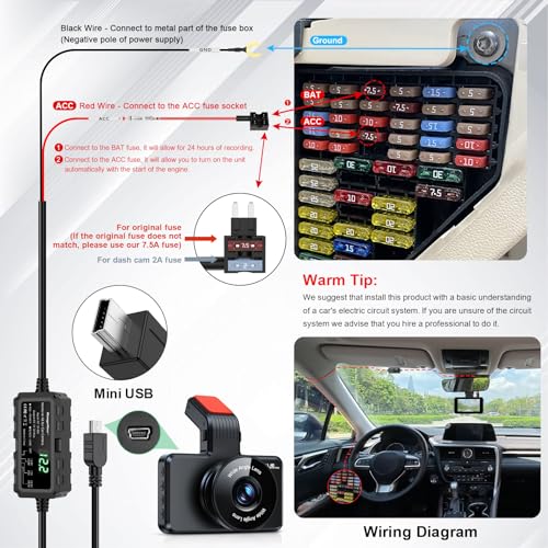 Kit de cable duro anticaídas de voltaje para dashcam Mini USB con monitoreo de coche 24h 3