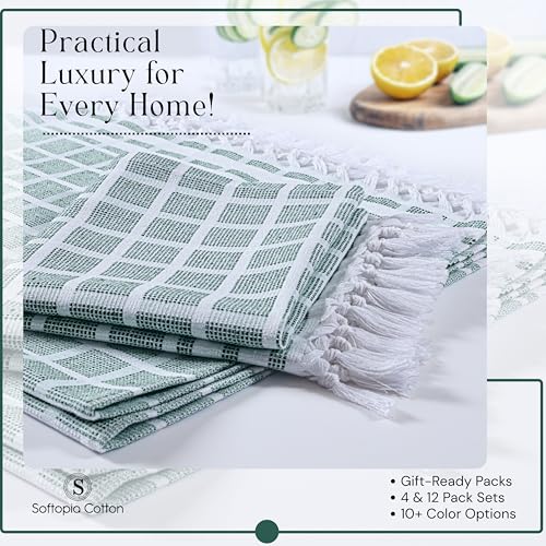 Image of Matrix Dobby Kitchen Towels 12 Pack, 100% Cotton, 16x26 Inches, Reusable Dish Towels with Handmade Tassels, Washable Absorbent Tea Cloths for Cleaning, Cooking - Forest Green, White