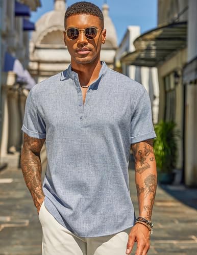 COOFANDY Men's Casual Linen Henley Shirts Short Sleeve Band Collar Summer Beach Vacation T-Shirts2