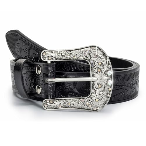 Bawnhaw Cowgirl Rhinestone Western-Belt for Women PU-Leather Black Floral-Embossed Vintage-Carved Cowboy Belt with Pin Buckle 30-36