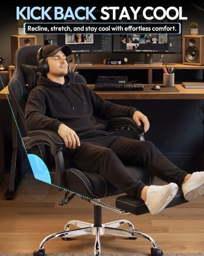 Image of Dowinx Ergonomic Gaming Chair with Footrest & Massage Lumbar, 2D-Linkage Armrests for Computer Chair 330lbs with Headrest Pillow for Office, Home, Streaming and Long Gaming Sessions, Fabric Black