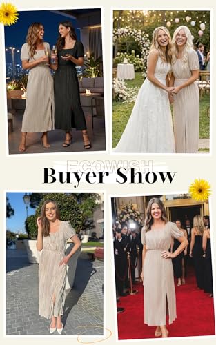 Image of ECOWISH Women Maxi Dresses Cocktail Party Wedding Guest Formal Pleated Long Dress Short Sleeve Slit Empire Waist Evening Gown