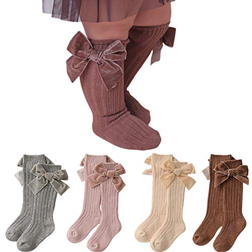 Image of Merqwadd 4-Pack Baby Girls Knee High Socks Infants Toddlers Bow Knit Socks Cotton Tube Ruffled Stockings