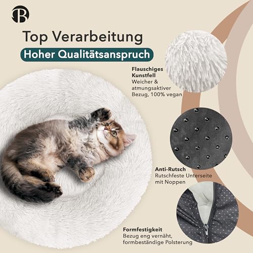 bluzelle Hundebett für Mittelgroße Hunde, 70cm Hundekissen Rund Donut Kissen Hundekorb Flauschig Plüsch, Ergonomisch Bezug Waschbar rutschfest Weich Kunstfell, Farbe:Cream