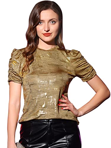 Allegra K Women's Metallic Glitter Top Christmas Round Neck Puff Sleeve Stretch Shiny Sparkly Tops - Main Image
