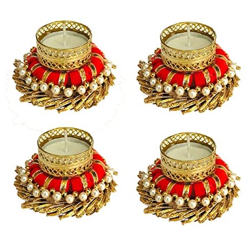 Decorative Diya Tealight Candle Holder/Diwali Diya, for Home Decoration Iron Tealight Holder Set (Red, Gold, Pack of 4) Cover