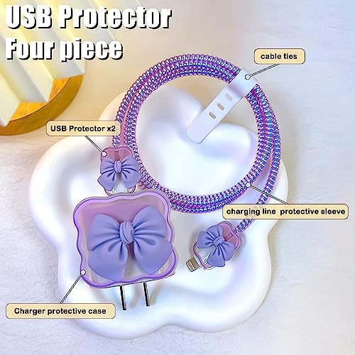 Image of iPhone Charger Case,Accessories,Protective Case for 18W 20W iPhone 14 13 12 11 Pro Max Fast Charging Cable Adapter Charger, Cute Lightning Data Cable Case for iPhone Charger,(Purple Bow)