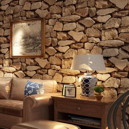 Anttyscar 3D Effect Stone Texture Wallpaper Roll - Non-Woven Retro Decoration for Bedrooms, TV Wall, Living Room - Realistic Rustic Modern Accent