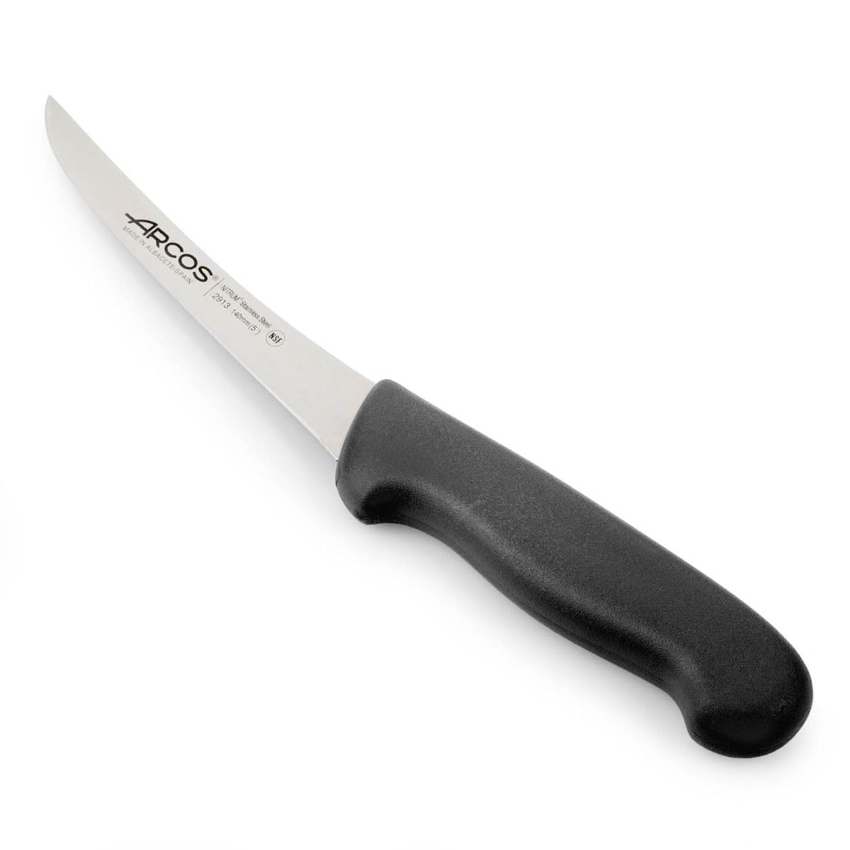Arcos Boning Knife 5 Inch Nitrum Stainless Steel and 140 mm blade. Professional Butcher Knife to Slice Bones from Meat. Ergonomic Polypropylene Handle. Series 2900. Color Black.