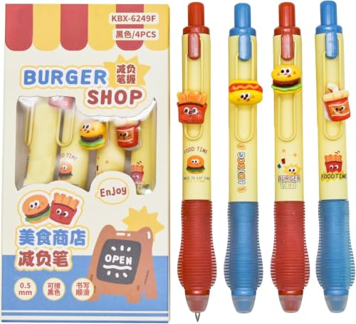 Image of Shuttle Art Cute Burger Theme Gel Pen Set of 4,0.5mm Black Ink Kawaii Cartoon Retractable Pens,Smooth Writing Pens for School College Office Journaling Notes Gifts Stationery Supplies Kids Girls Boys