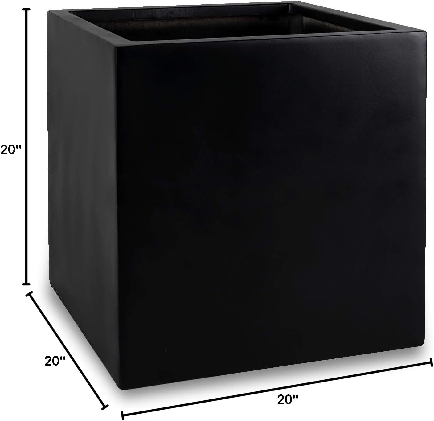 Elegant Modern Black Square Indoor Outdoor Planter Pot – 20”H x 20”W x 20”L - Cube Shaped Fiberstone Flower Planters