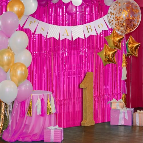 Image of Accevo 3Pack Hot Pink Party Streamers 3.2x8.2 Feet Metallic Foil Fringe Curtains Tinsel Streamers Party Decor Bridal Shower Bachelorette Christmas Xmas Valentine's Day Party Decorations Photo Booth