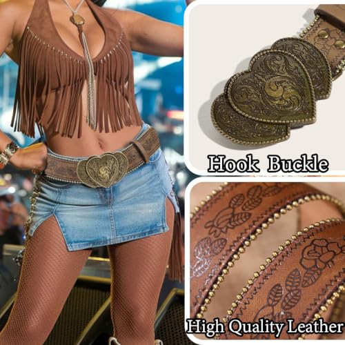 Western Belt for Women Brown Country Belt with Vintage Buckle Cowgirls Cowboys Leather Belt for Jeans Pant3