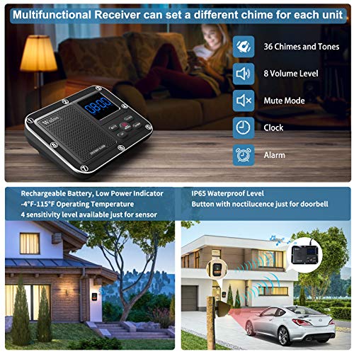 Wuloo Wireless Doorbells For Home, Solar Driveway Alarm, Multifunctional Wireless Home Security System, Rechargeable Battery/Weatherproof/Mute Mode/Clock And Alarm (1 Receiver 1 Sensor 1 Doorbell) #TOP2