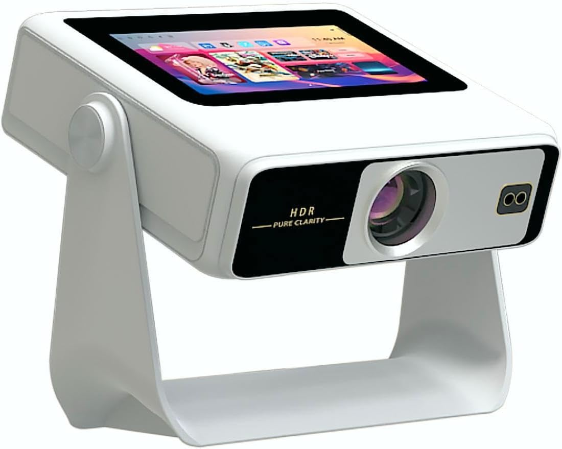 Smart Projector【TouchScreen/Built-in APPs/Auto Focus Keystone】 4K Support with wifi and bluetooth Outdoor Projector, Dual-Screen Sync, for Home Theater/Gaming/Outdoor (180° Stand & 250")