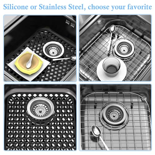 BEHOK 2 Pack Silicone Sink Protector for Kitchen Sink, 13.58\" x 11.6\" Heat-resistant Sink Mat Non-Slip and Durable Silicone Protectors, Rear Drain, Black