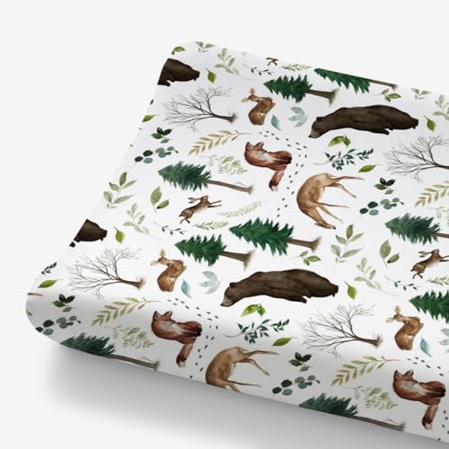 Image of HawSkgFub Animals Pine Tree Changing Pad Cover for Baby Girl Boy, Natural Forest Bear Deer Fox Diaper Change Table Covers, Soft Stretchy Safe Snug Fitted Changing Mat Sheets Fit 32"/34" x 16"