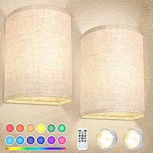 FINCMY Battery Operated Wall Sconces Set of Two, 18 RGB Colors Stick on Wall Lights with Remote, Changeable Dimmable Height Fabric Battery Powered Wall Lights for Bedroom Living Room Hallway