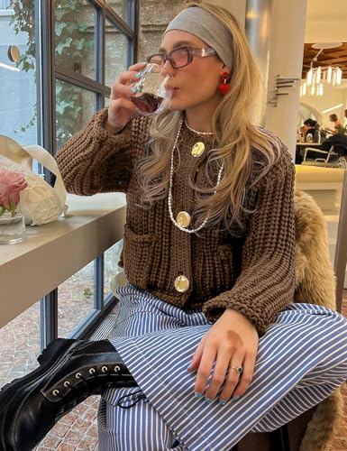 Arssm Womens Cropped Cardigan Sweaters Chunky Open Front Button Down Knit Sweater Long Sleeve Loose Cardigan Outerwear(Brown-S)2