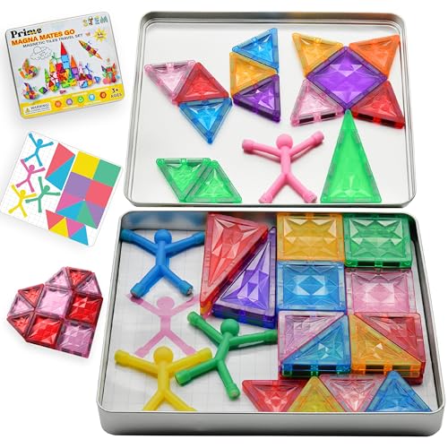 Magnetic Tiles Travel Set 44PC, Mini Magnetic Tiles STEM Building Kids Toys, Sensory Stacking Tiles for Toddlers, Travel Essentials, Preschool Montessori Toy, Baby Toys, Best Gifts for Boys & Girls