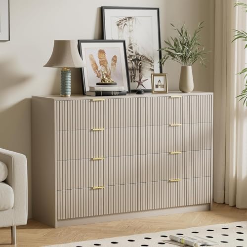 Image of Furniway Modern Beige 3-Piece Dresser Bedroom Set, Fluted Wood 8 Drawer Dresser with Gold Handles and 2 Drawer Nightstands, Chest of Drawers for Bedroom, Living Room, Entryway