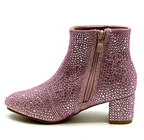 Forever Girls Rhinestone Boots Kids Low Heel Dress Booties Iceberg-12K Shoes Pink Rhinestone 14